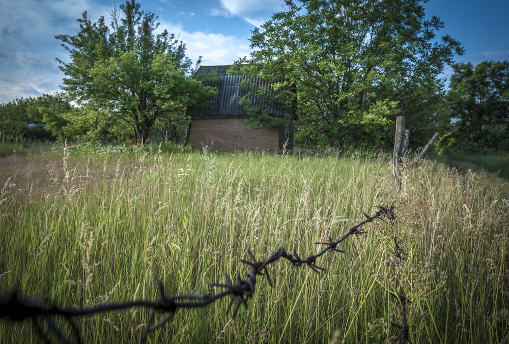 brown brick house near green grass field during daytime