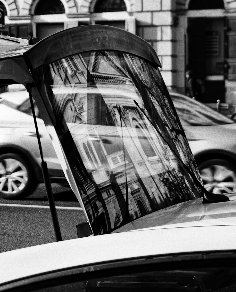 grayscale photo of car window