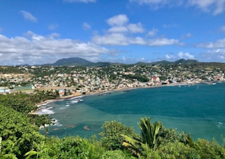 A vibrant Caribbean coastal town with colorful buildings and lush greenery under a bright sky.