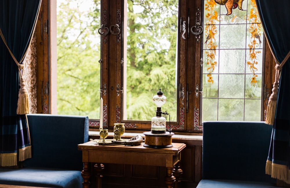 brown wooden table with black chair