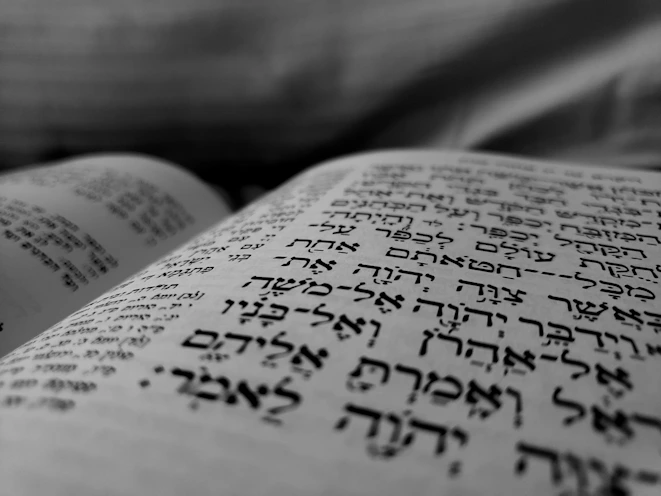A close-up of an open workbook page featuring elegant Hebrew letters with soft natural lighting.