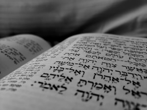 A close-up view of a book page displaying text in Hebrew, with sharp focus on the foreground and a blurred background. The page appears slightly curved, suggesting the book is open.
