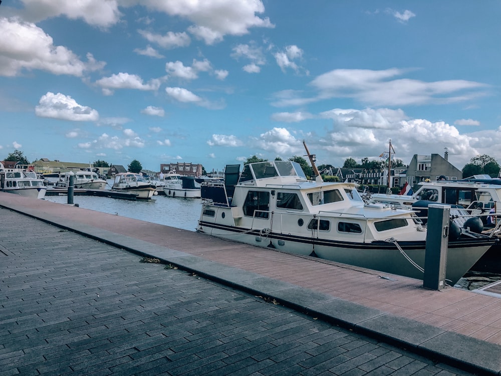 white yacht on dock during daytime