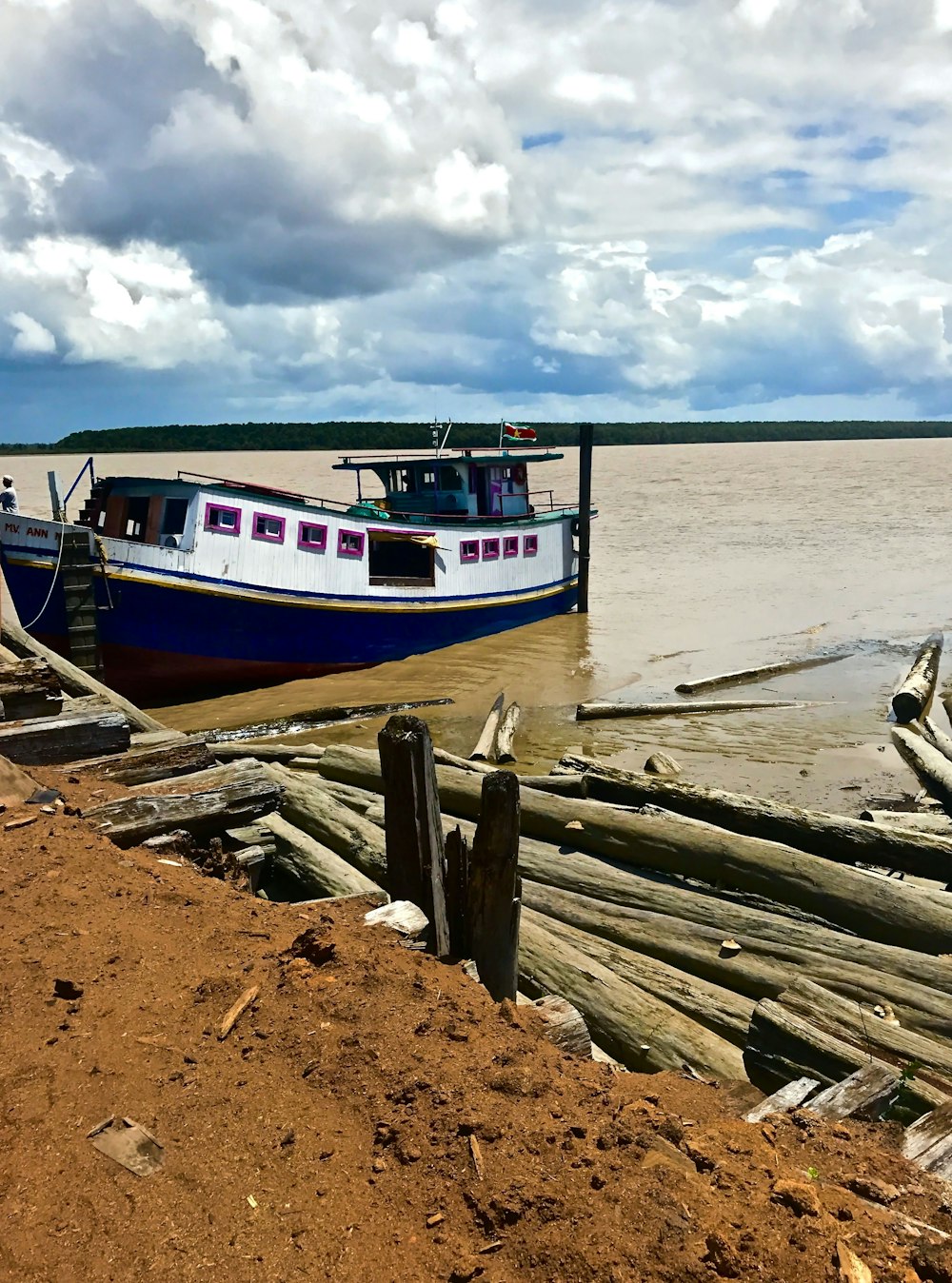 white and blue boat on shore during daytime