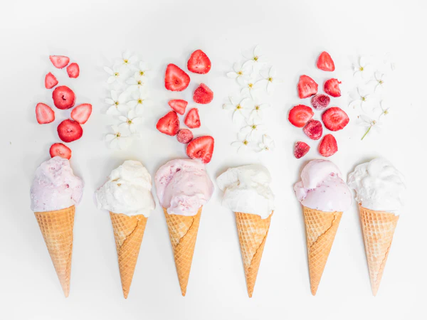 Ice cream with strawberry on a cone