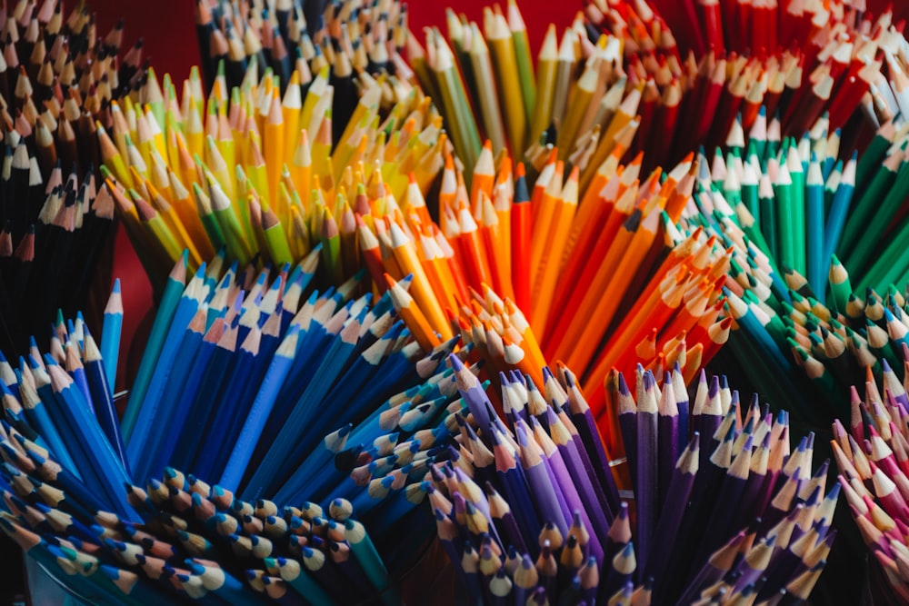 matite coloranti gialle, blu, rosse e viola