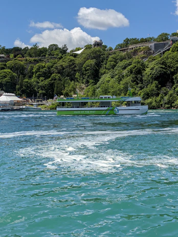 A vibrant green and white tour boat is moving across a body of water, with lush green trees and a clear blue sky in the background. The boat has the name 'Maid of the Mist' written on its side. The water appears to be slightly choppy with visible white foam.