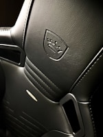 A close-up view of a sleek, black car seat with intricate stitching and a luxurious texture. An embossed logo featuring a shield and crown is prominently displayed on the upper section. The seat has perforated leather sections for ventilation and integrated grip holes on the sides, suggesting it is designed for high-performance or sport vehicles.
