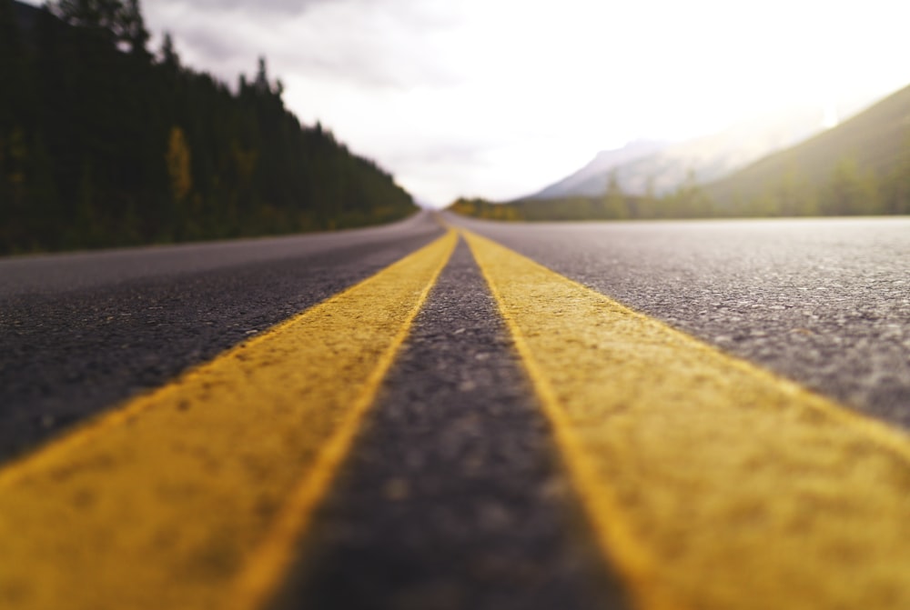 yellow and black road in between green trees under white clouds during daytime