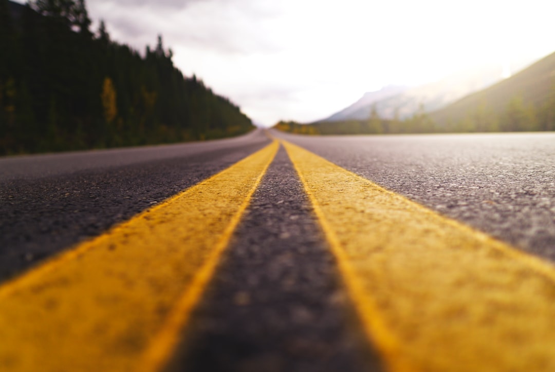 yellow and black road in between green trees under white clouds during daytime, Close Up Asphalt Highway Yellow Lines Into Remote Wilderness