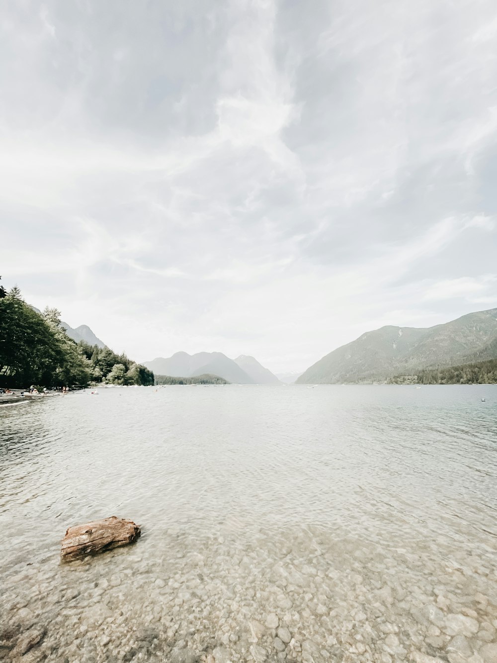 brown rock on body of water near green trees and mountains during daytime