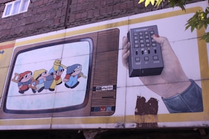 A mural on a building wall depicts a vintage television with cartoon characters inside. One character wears a yellow hat and appears to be leading others while holding hands. Next to the television, a hand holds a large remote control with various buttons. The scene has a nostalgic, retro feel.