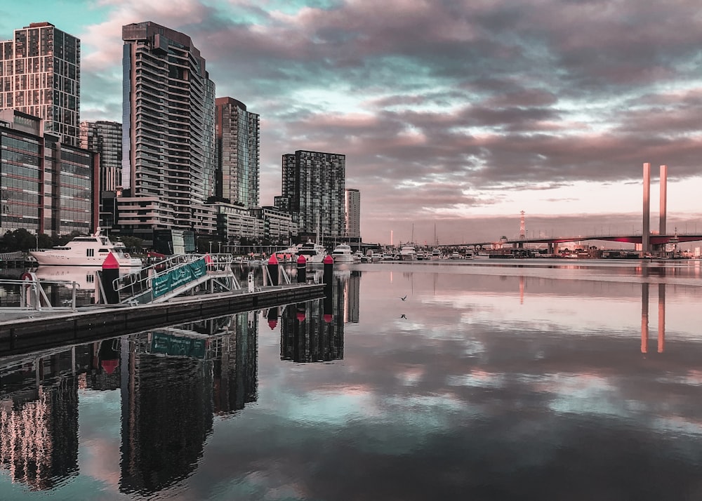 city skyline across body of water during night time