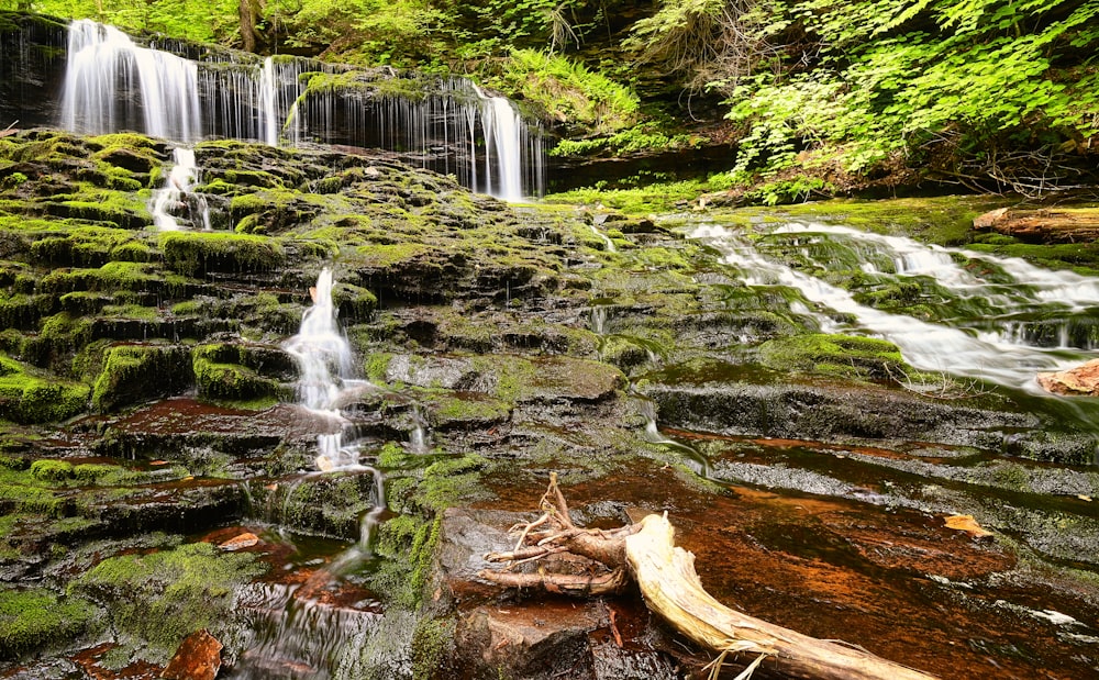 L’eau tombe sur les roches brunes et vertes