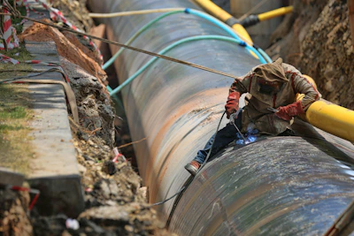 Technicians inspecting a large water pipeline in an urban setting.