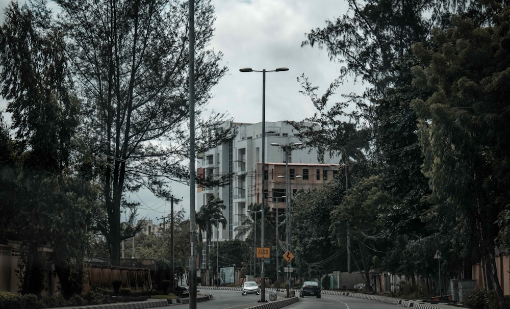 cars parked on the side of the road near trees and buildings during daytime