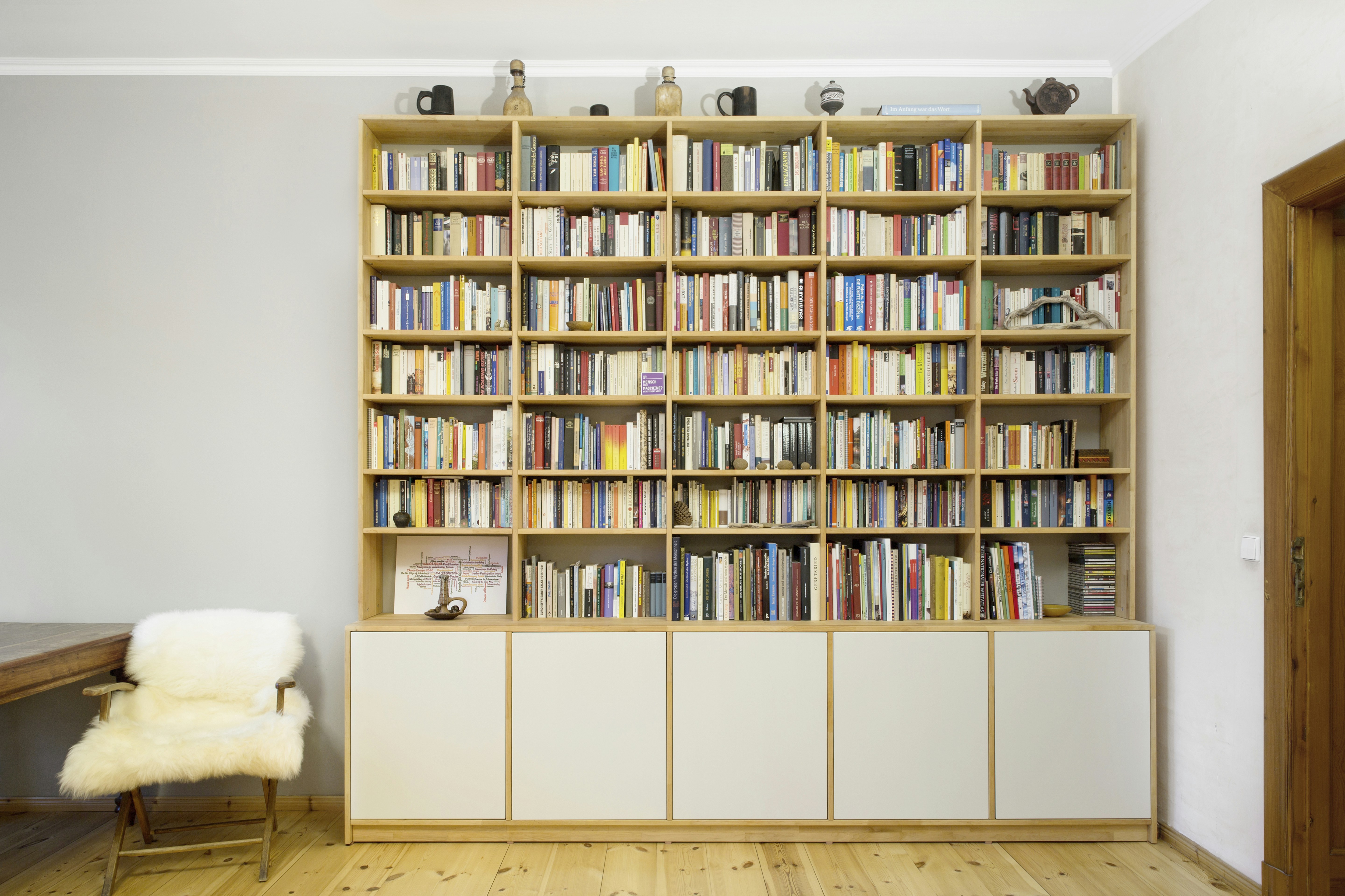 A bookshelf made of solid wood and mdf.