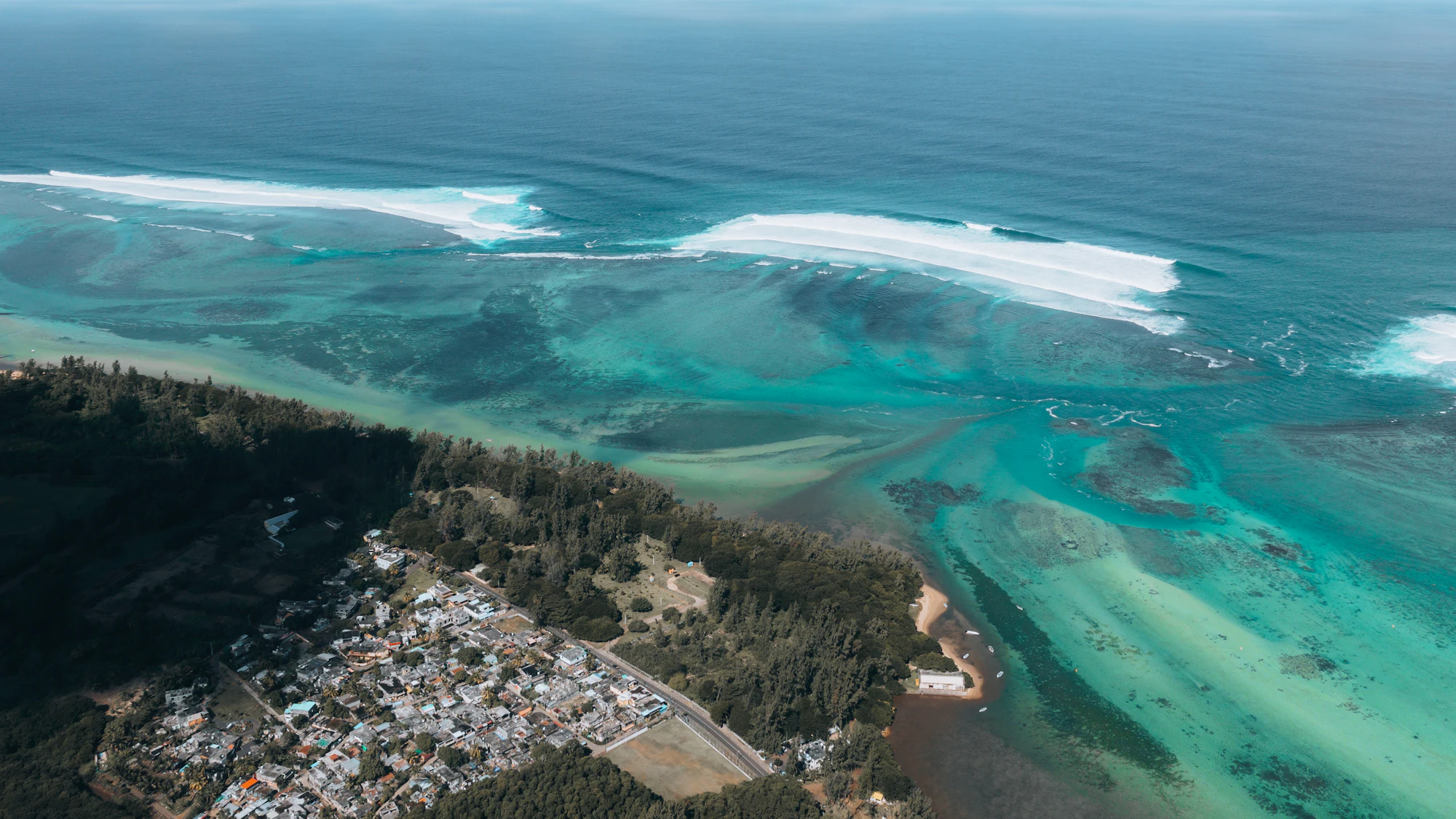 Aerial view of the reef and coastline at Bel Ombre, Mauritius