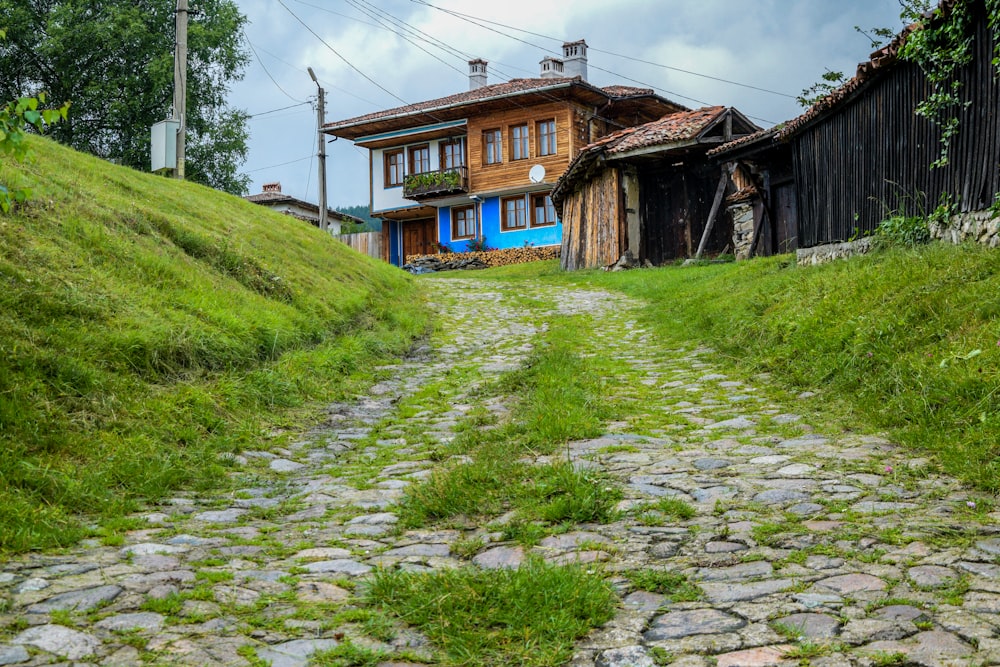 Champ d’herbe verte près d’une maison en bois brun pendant la journée