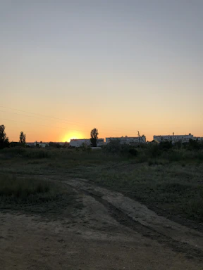 Sunset view over a spacious rural lot with natural vegetation and a small dirt path.