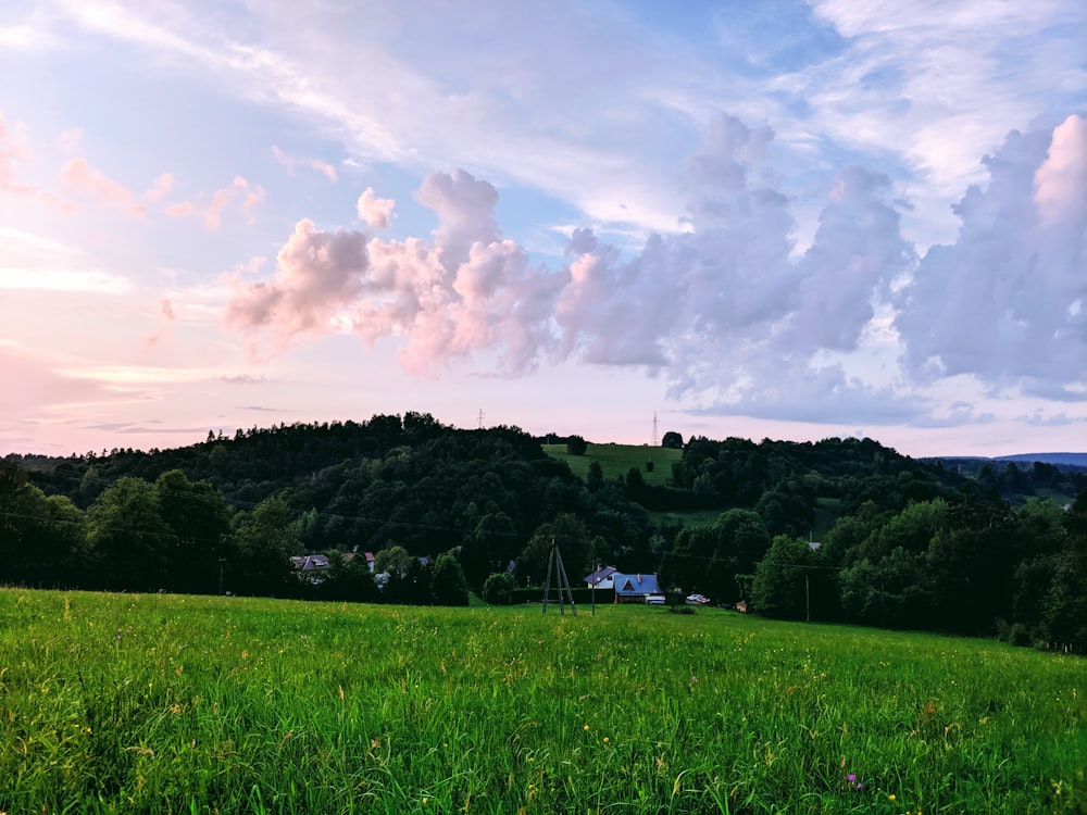 campo di erba verde sotto il cielo nuvoloso durante il giorno