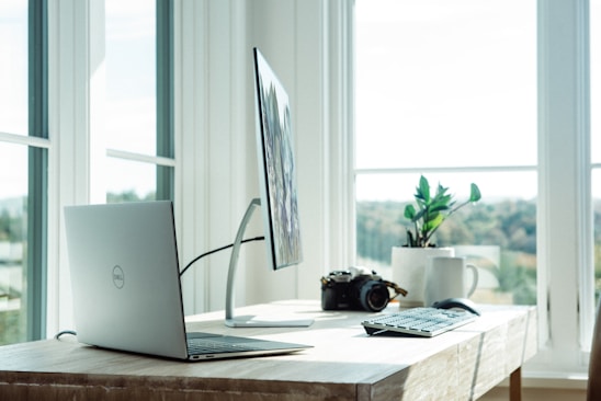 A serene workspace with a professional woman focused on her MacBook, bathed in natural sunlight.