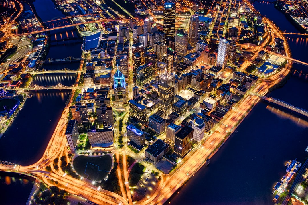 aerial view of city buildings during night time