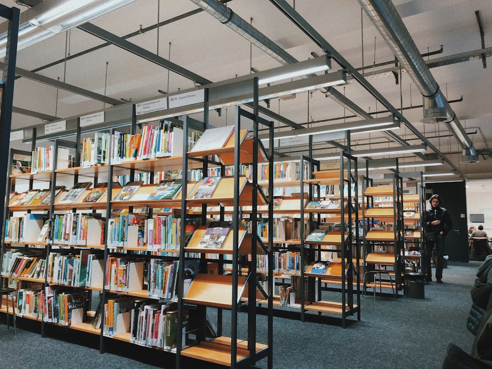 books on brown wooden shelves