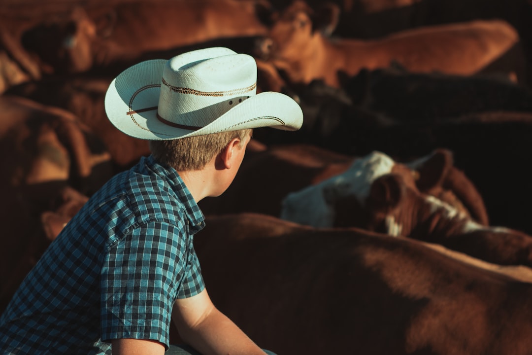 boy in blue and white plaid button up shirt and white cowboy hat