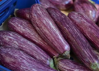 purple and green vegetable on blue plastic container