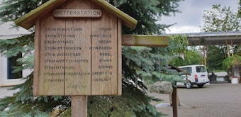 A wooden weather station with a humorous sign describing weather conditions based on the movement or appearance of a hanging rock. The sign is mounted on a wooden post surrounded by greenery and a parked van in the background.