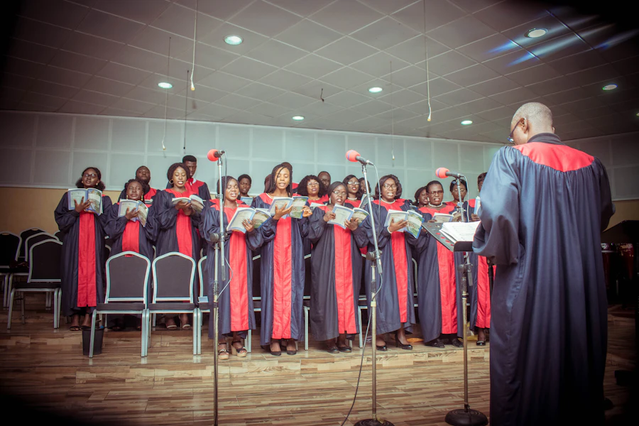 Choir singing in worship robes