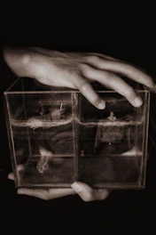 A close-up of hands holding a small family model inside a protective glass dome.