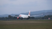 A commercial airplane is taking off or landing on a runway surrounded by green grass and distant hills. The plane has a white body with red accents, including red engines and a logo on the tail.