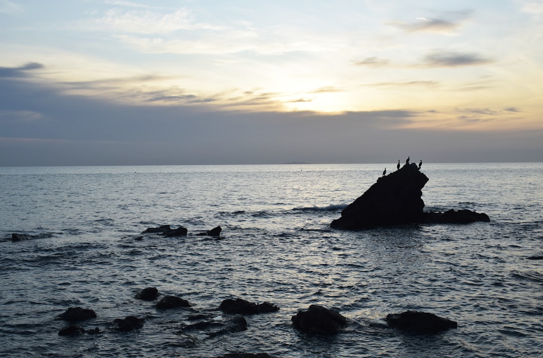 silhouette of person on rock formation on sea during sunset