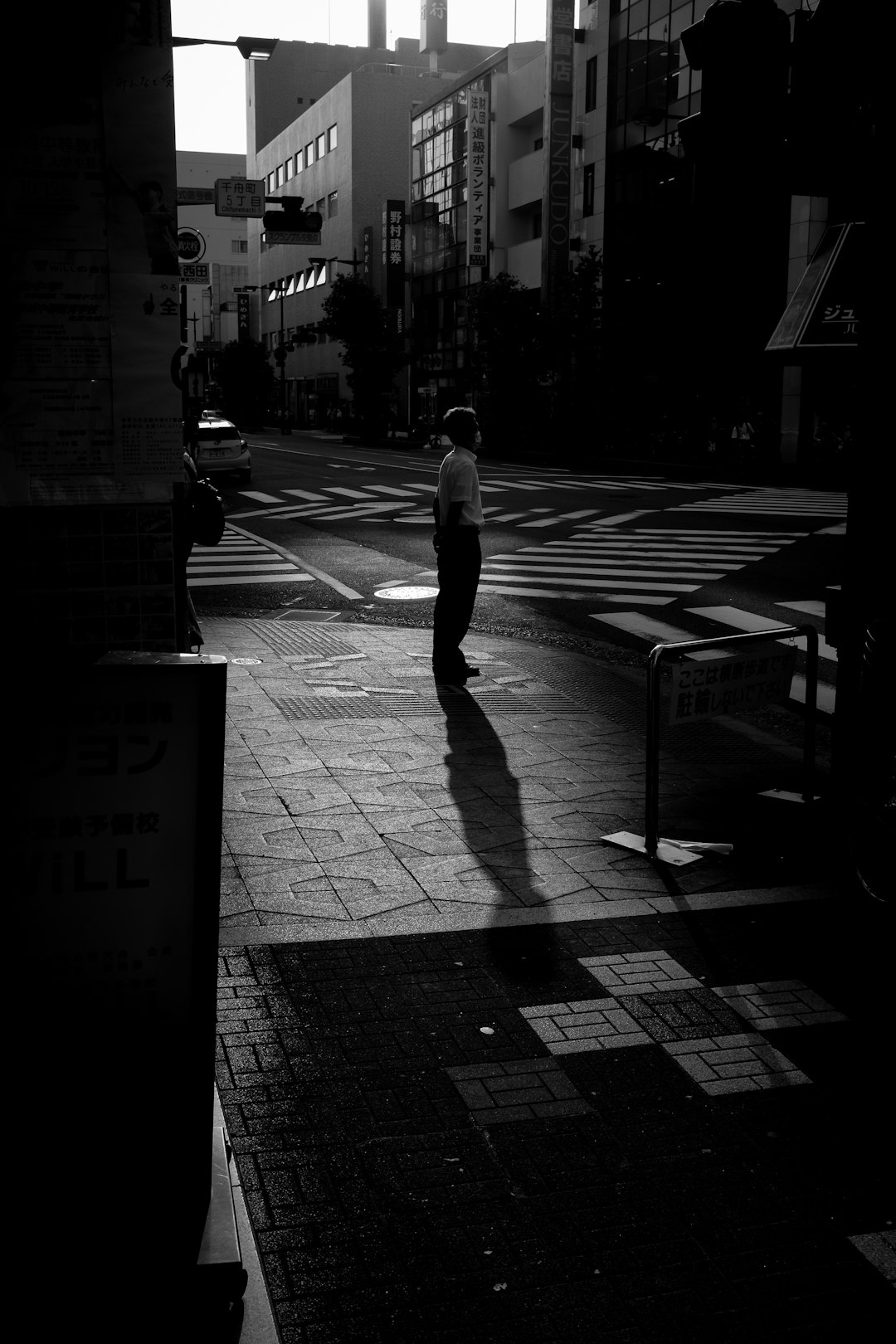 man walking on pedestrian lane in grayscale photography