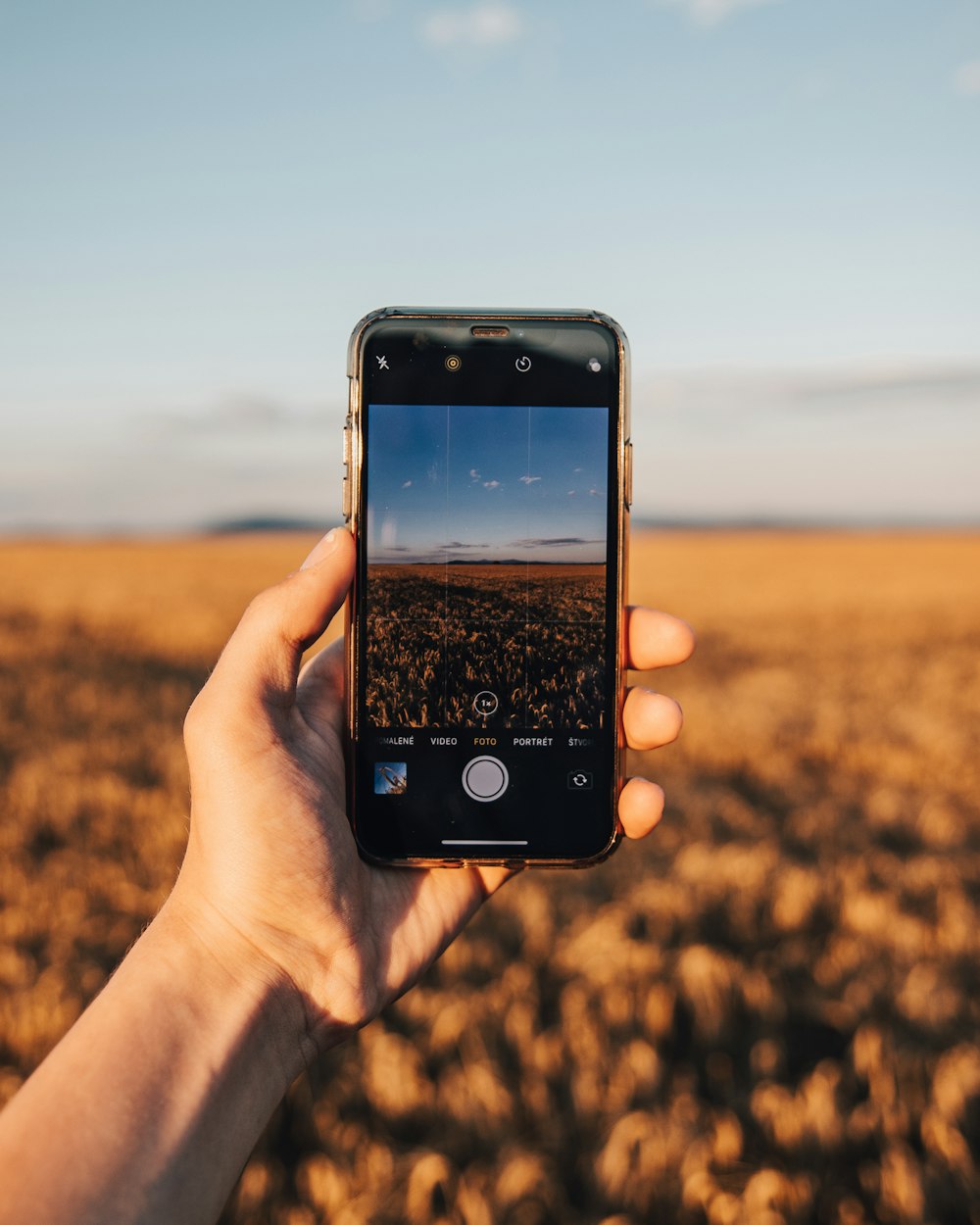 pessoa segurando iphone 6 tirando foto de campo marrom durante o dia