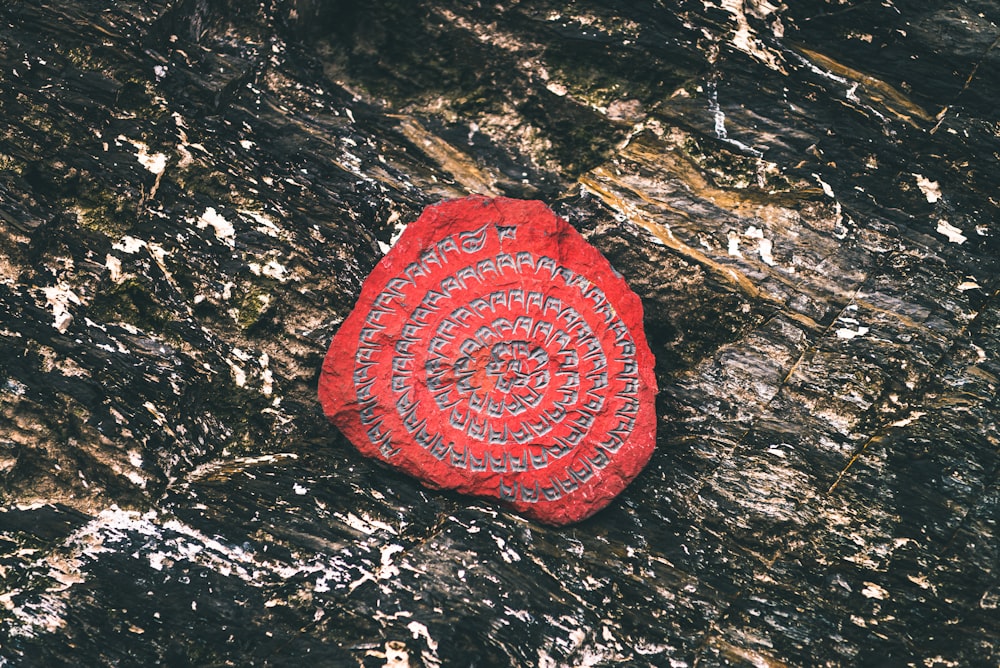 red round ornament on black and white surface