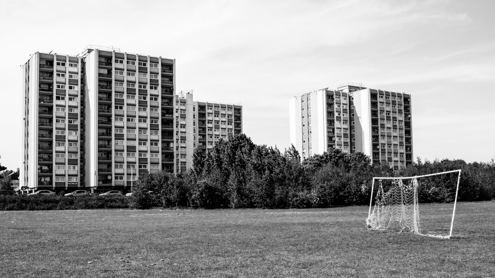 grayscale photo of high rise buildings