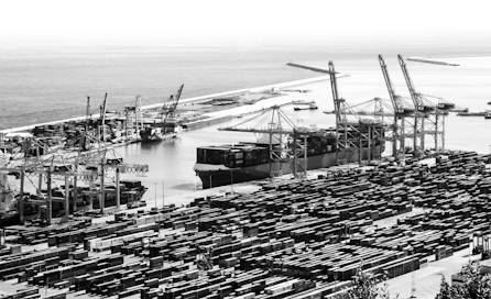 grayscale photo of cargo ship on sea