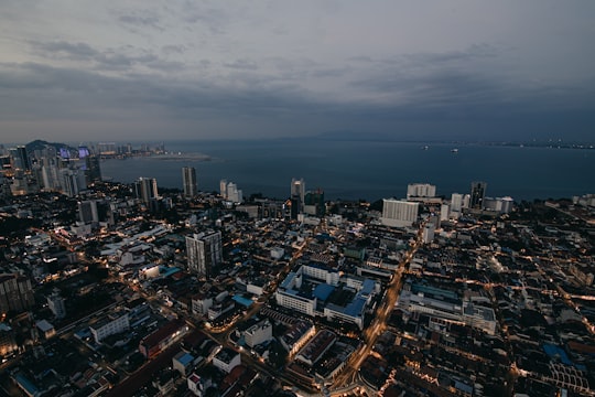 aerial view of city buildings during night time in Penang Island Malaysia