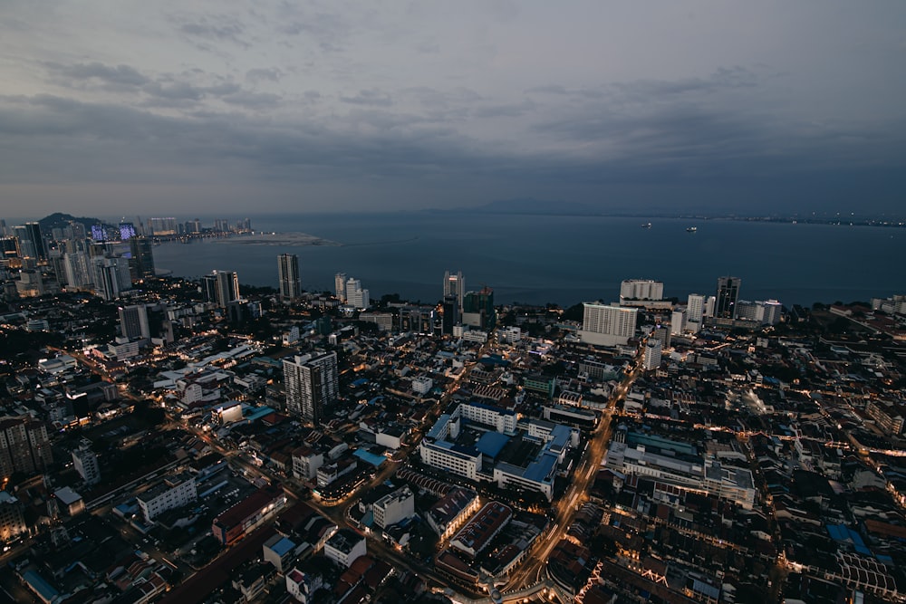 aerial view of city buildings during night time