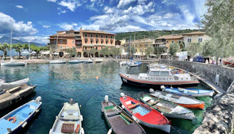A picturesque marina scene featuring a collection of small boats docked along clear, turquoise waters. A Carabinieri patrol boat is prominently visible among other colorful boats. The background displays charming, multi-story buildings with arches, surrounded by lush greenery and olive trees, under a partly cloudy sky.