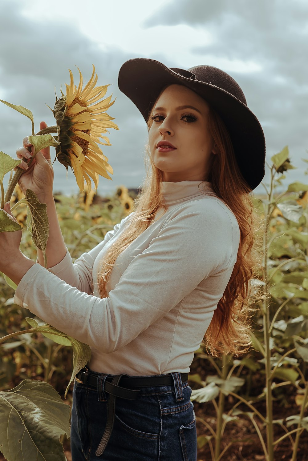 woman in white long sleeve shirt holding sunflower