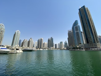 A waterfront cityscape features towering skyscrapers lining the shore of a calm marina. Numerous yachts are docked along the water, under a clear blue sky, evoking a sense of modern luxury and urban development.