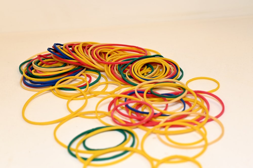 yellow orange and red rubber bands