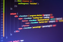 Computer code displayed on a monitor, featuring syntax highlighting. The code appears to be written in JavaScript, with HTML elements indicating a part of a web application. Various tags, names, and functions are visible, emphasizing a focus on front-end development.