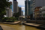 A cityscape featuring tall modern buildings alongside colonial-style architecture, with a river running through the middle. The scene includes palm trees and greenery on one side, reflecting a contrast between urban development and nature.