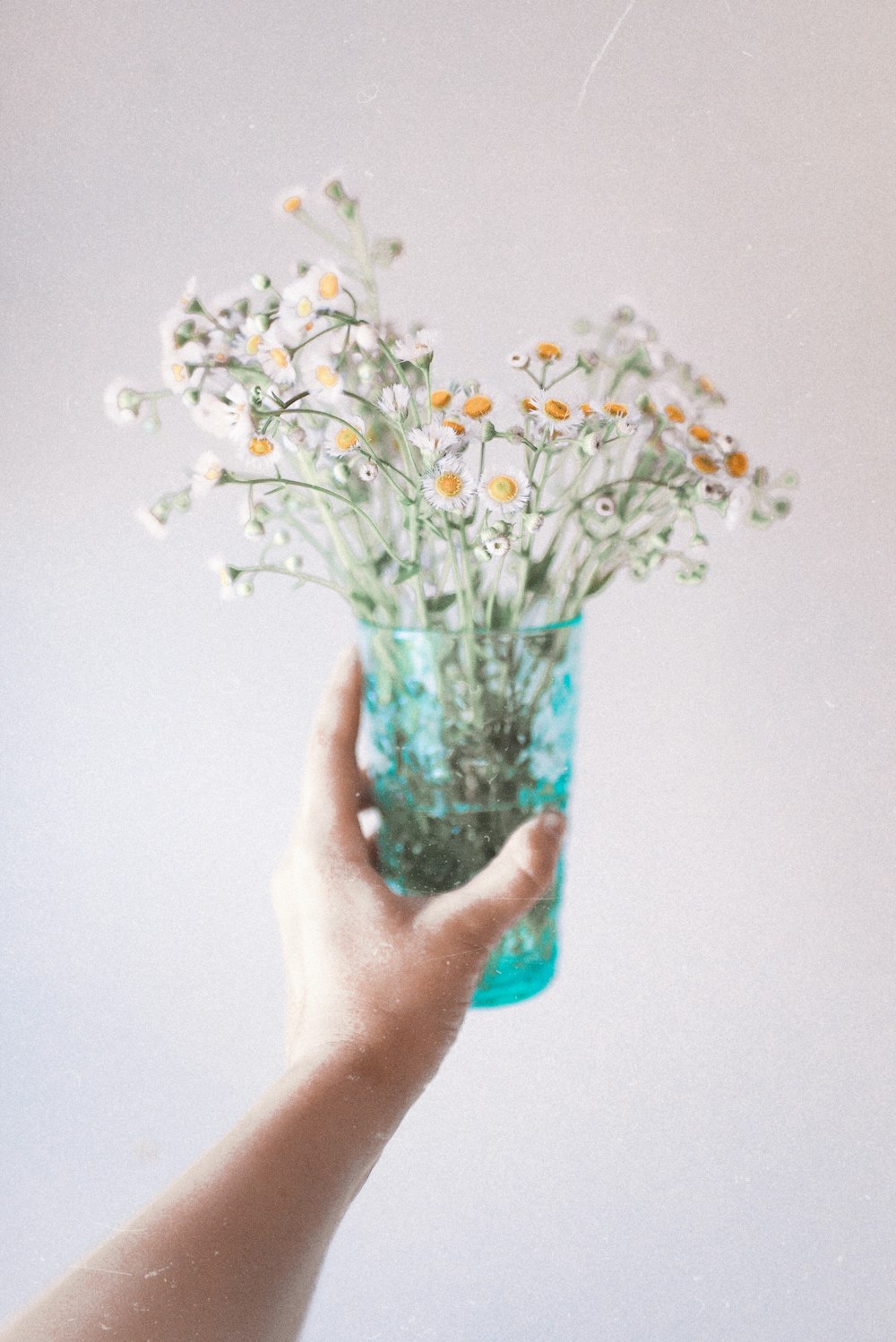 white flowers in blue glass vase