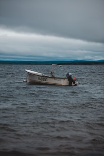 A small motorboat floats on a vast body of water under a cloudy sky. The boat, bearing the number 140251, is unoccupied and appears to be gently swaying with the movement of the waves.